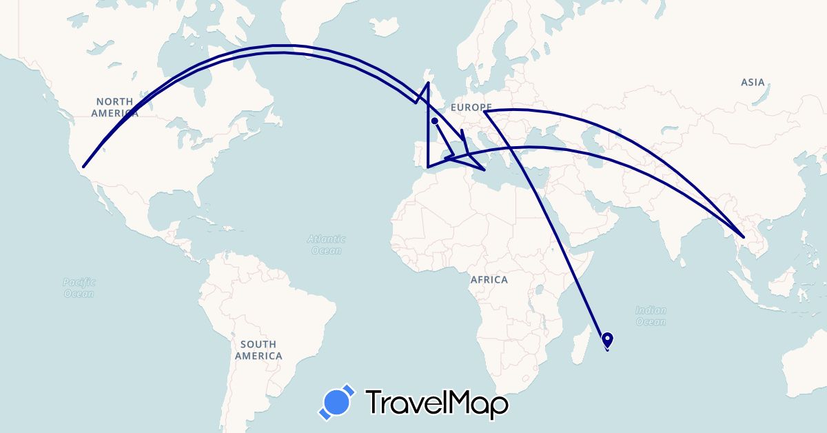 TravelMap itinerary: driving in Czech Republic, Spain, France, United Kingdom, Ireland, Italy, Malta, Réunion, Thailand, United States (Africa, Asia, Europe, North America)
